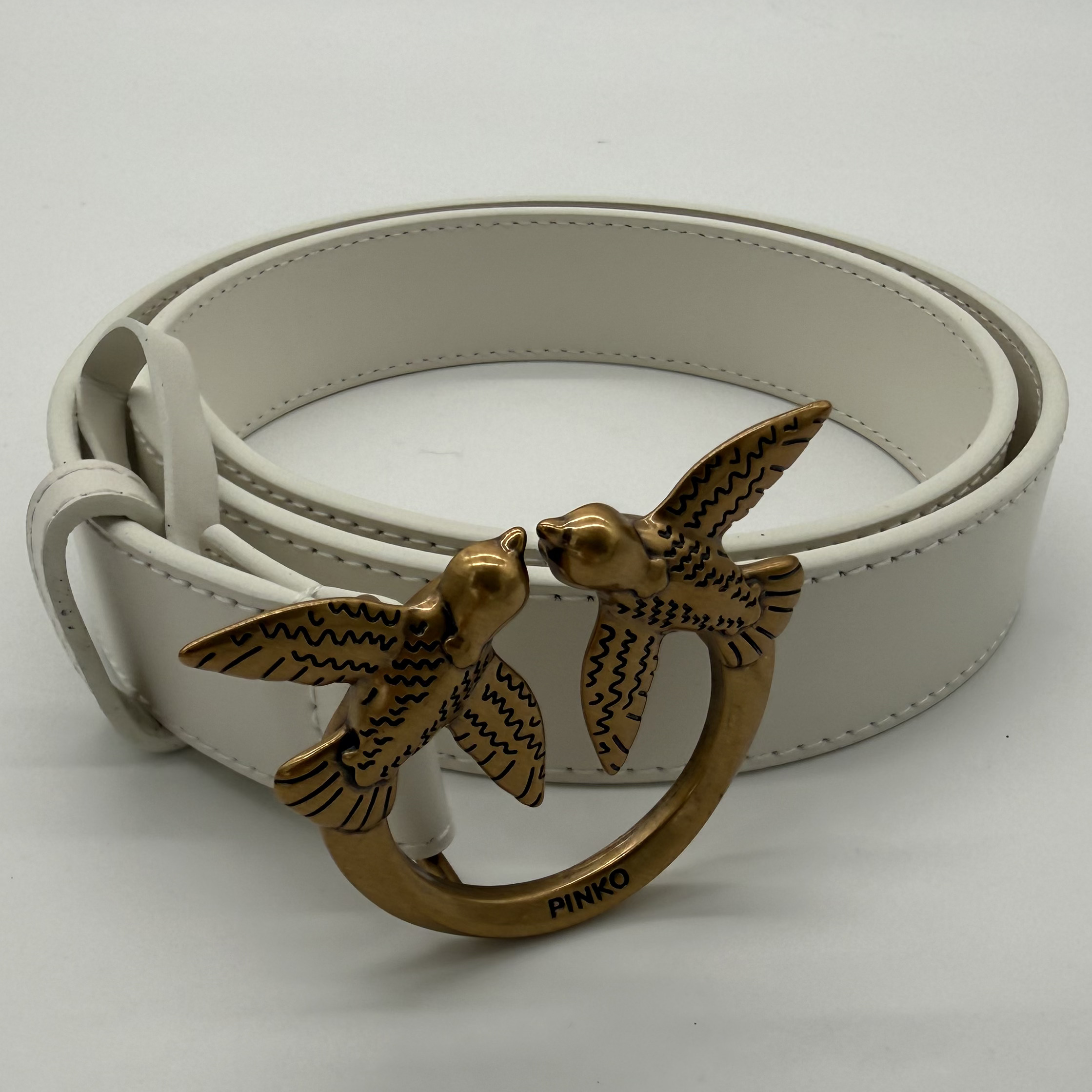 IMG_3305 Love Birds leather belt 3cm - Beli - Zlatna Kopča - Slika 1
